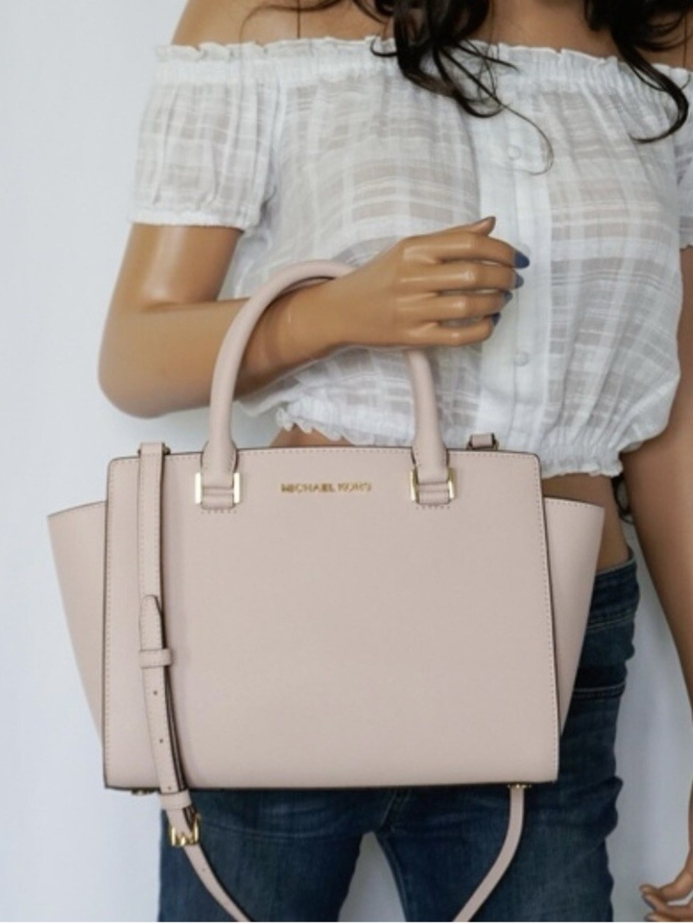 NWT Michael Kors Selma Medium Saffiano Leather Satchel Crossbody Pink Coquette - Picture 8 of 8